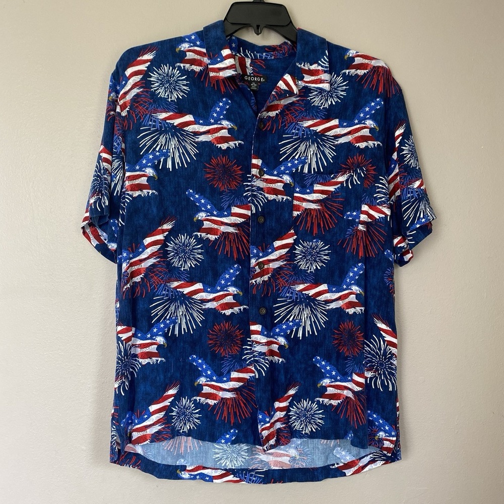 George Button Up Short Sleeve Men's Size L Shirt American‎ Eagle Fireworks Print